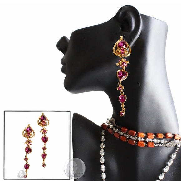 Emanuel Ungaro Earrings Oversized Dangle Rhinestones Baroque Statement 5in 80s - Picture 3 of 9